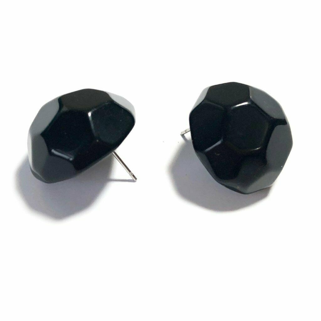 Black Faceted Retro Button Stud Lucite Earrings